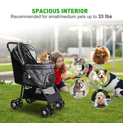 Lightweight Pet Stroller for Small/Medium Dogs and Cats - Foldable Travel Carriage with Storage Basket, Breathable Mesh & 4 Wheels - Up to 33 lbs – Black
