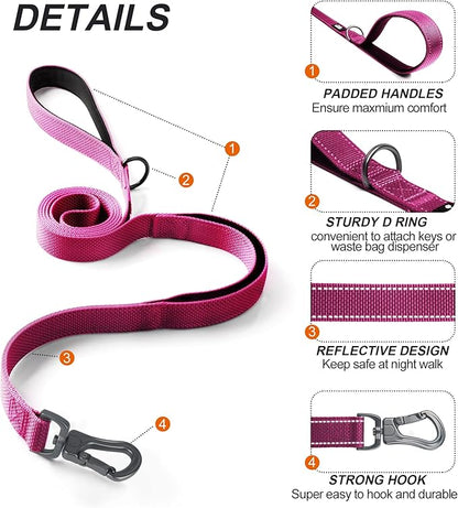 TwoEar 6FT 1IN Strong Rose Dog Leash with 2 Padded Handles, Traffic Handle Extra Control, Comfortable Soft Dual Handle, Auto Lock Hook, Reflective Walking Lead for Small Medium and Large Dogs