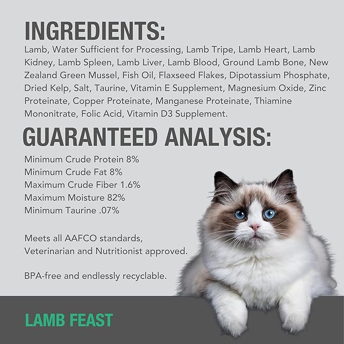 Feline Natural New Zealand Canned Catfood Wet Food, High-Meat, Low-Carb, & Grain Free Cat Food Wet, Lamb Feast, 6 oz, Pack of 12