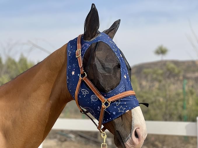 Horse Fly Mask Super Comfort Horse Fly Mask Elasticity Fly Mask with Ears We Only Make Products That Horses Like… (Midnight Blue, L)
