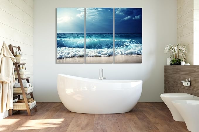Nature Wall Art Prints - Ocean Forest Mountain Lake Canvas Landscapes - Small to Extra Large Living Room Bedroom Kitchen Bathroom Décor (Summer Ocean Beach, 31L" x 47W" - 3 Panels)