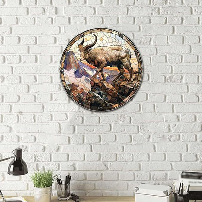Lygond Metal Sign Tin Sign Circular Stained Glass Mountain Goat Tin Sign Gift for Garage 12×12 Inches