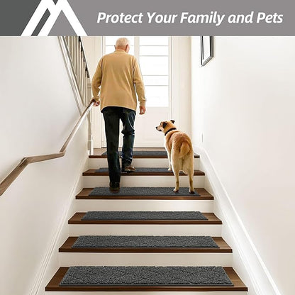 COSY HOMEER Edging Stair Treads Non-Slip Carpet Mat 28inX9in Indoor Stair Runners for Wooden Steps, Edging Stair Rugs for Kids and Dogs, 100% Polyester TPE Backing (7pc, Black,)