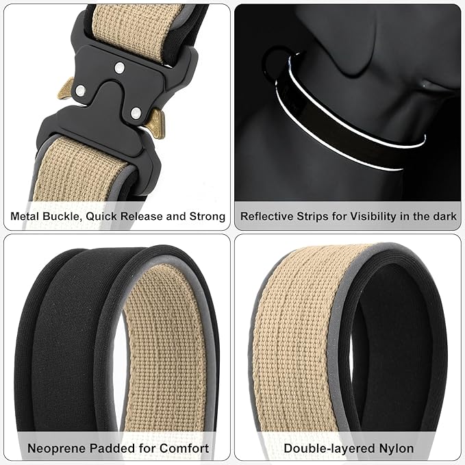 Plutus Pet Tactical Dog Collar, Reflective, Adjustable Heavy Duty Dog Collar, Soft Padded and Comfortable, for Small Medium and Large Dogs (Beige, M)