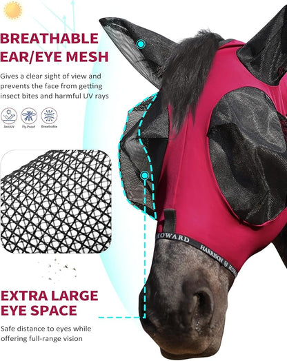 Harrison Howard Horse Fly Mask with Forelock Opening Stretch Breathable and Comfortable for Horses UV -Protection Burgundy M