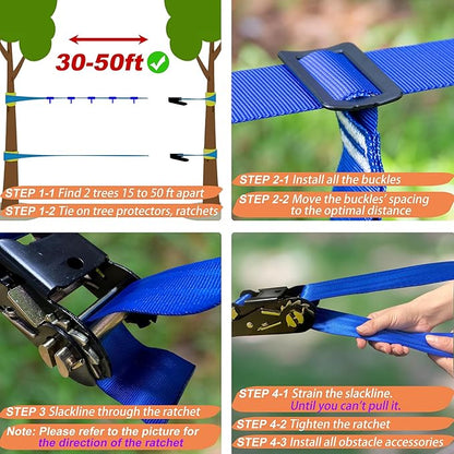 2x65 FT Ninja Warrior Obstacle Course for Kids with 13 Ninja Accessories - 600lbs Weight Capacity, Slackline with Swing Seat, Disc Swing, Ninja Wheel, Rope Ladder, Monkey Bar, Ninja Ring, Arm Trainer