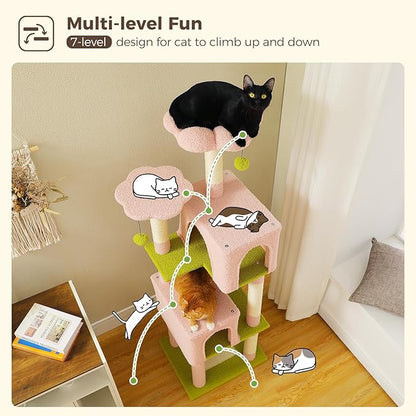 Flower Cat Tree, 62-Inch Tall Multi-Level Cat Tower with Scratching Posts for Large Indoor Cats, Plush Bed w/Padded Perches, Scratching Pad & 2 Green Pompoms, Pink