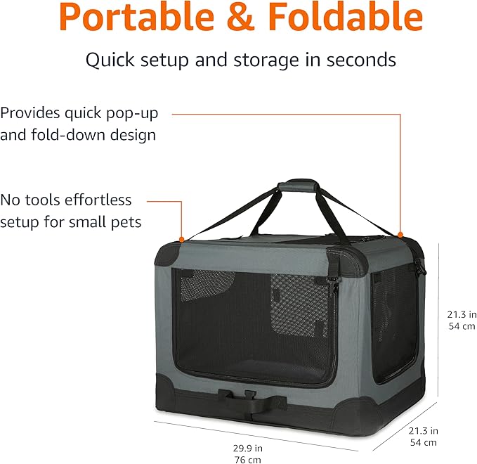 Amazon Basics 4-Doors Portable Soft-Sided Folding Travel Crate Kennel for cat, Dog, and Other Small Animals, Grey, M 30" x 21" x 21"