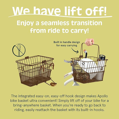 Retrospec Apollo Detachable Front Bike Basket Steel Half-Mesh with Integrated Detachable Hooks and Built-In Handle, Easy Assembly and Portability for Bicycles