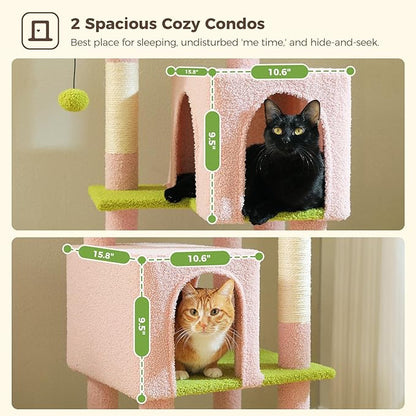 Flower Cat Tree, 62-Inch Large Cat Tower for Multi-Cat Households w/Scratching Posts, Multi-Level Cat Condo w/Cozy Top Perch & Scratching Pad, Padded Platform, 2 Pompoms, Pink
