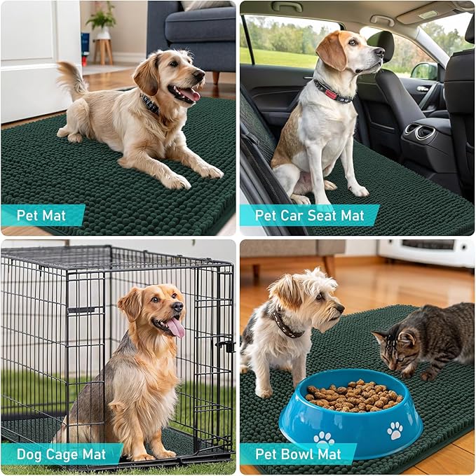 OLANLY Dog Door Mat for Muddy Paws 24x16, Absorbs Moisture and Dirt, Absorbent Non-Slip Washable Doormat, Quick Dry Chenille Mud Mat, Entry Indoor Entryway Carpet for Inside Floor, Blackish Green
