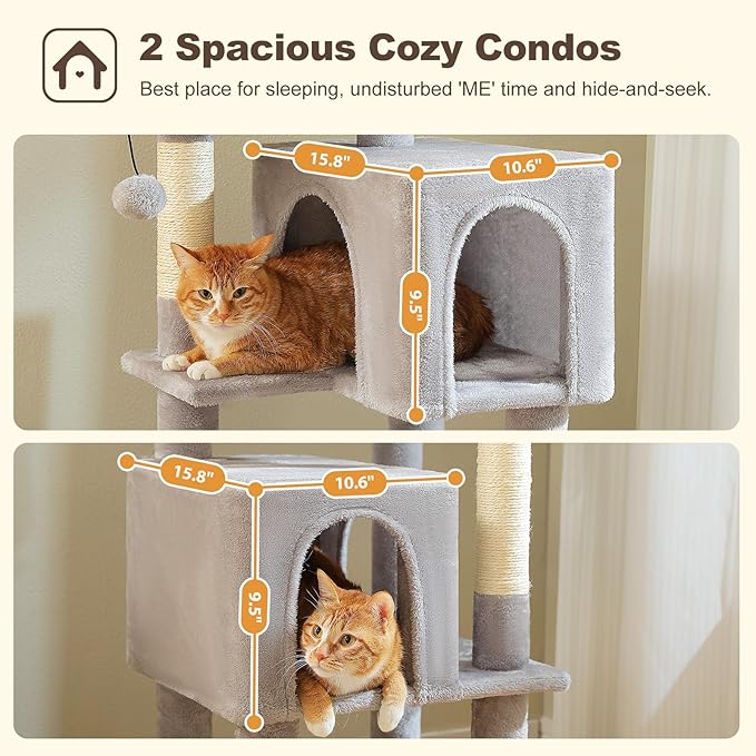 62-Inch Cat Tree for Indoor Cats, Large Cat Tower with Scratching Posts for Large Cats, 2 Bigger Plush Condos, Padded Platform, Soft Cat Bed and Scratching Pad, 2 Pompoms, Gray
