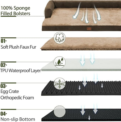 XXL Dog Bed with Bolsters, Waterproof Orthopedic Dogs Beds for Extra Large Dogs, Memory Foam XLarge Dog Beds with Removable Washable Cover, Nonskid Bottom (XX-Large,Brown)