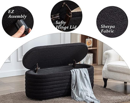 Storage Ottoman Bench Upholstered Fabric Storage Bench End of Bed Stool with Safety Hinge for Bedroom, Living Room, Entryway (45.5-inch, Black)