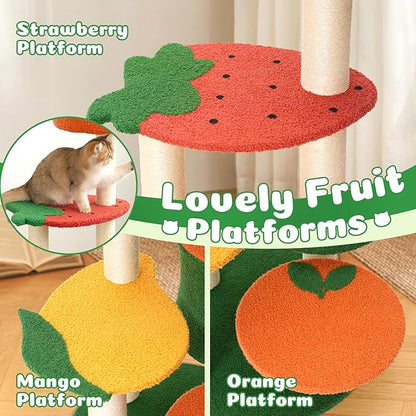 Happy & Polly Cute Cat Tree - 48.4" Fruit World Cat Tower for Indoor Cats, Multi-Level Cat Condo with Sisal Scratching Posts, Private Cave, Plush Strawberry Perches, Perfect Cat Tree Activity Center