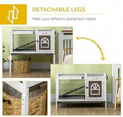 PawHut Wooden Rabbit Hutch, Indoor Elevated Guinea Pig Cage with Run, Ladder, Lockable Doors and Removable Tray, Coffee