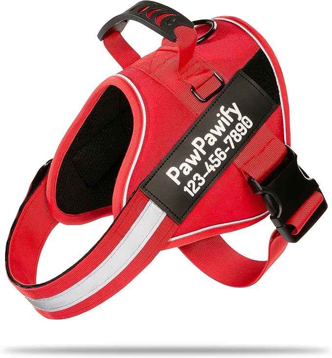 PawPawify Custom No Pull Dog Harness with Name and Phone Number, Heavy Duty Personalized Pet Vest to Prevent Tugging, Pulling, or Choking, Training and Walking (New Red, S (10-19LBS))