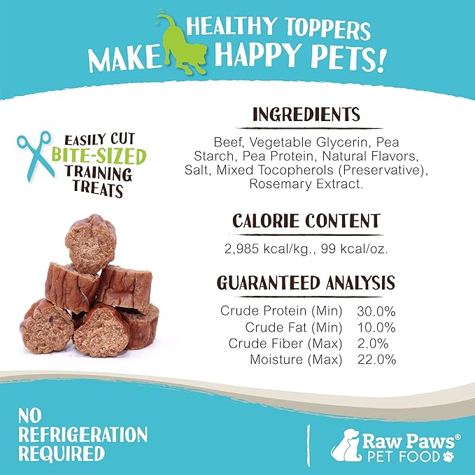 Raw Paws Grain-Free Soft Stick Treats for Dogs & Cats - Beef Recipe, 6-oz - Made in USA Beef Jerky Treats - Cat Sticks - Chewy Dog Jerky Treats - Dog Sausage - Soy, Grain Free