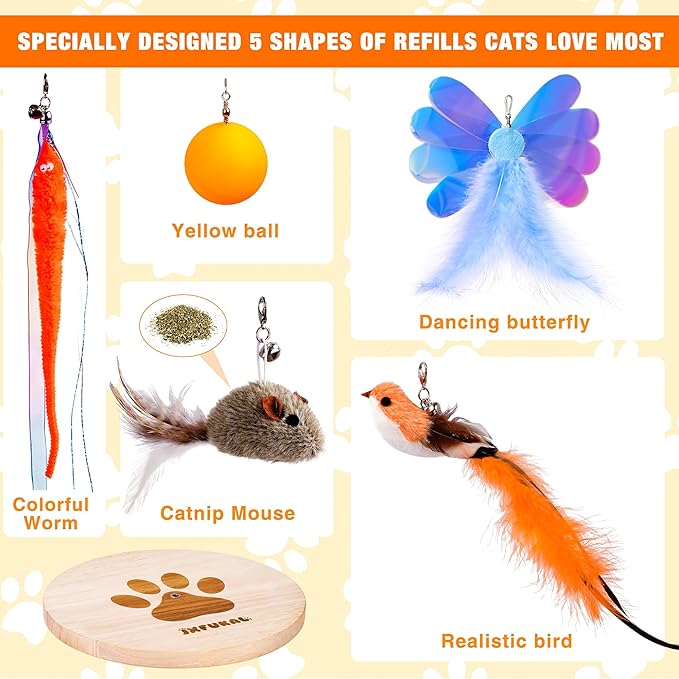 JXFUKAL Automatic Cat Wand Toy – Wooden Base, 2 Teasers & 5 Feather Spring Refills