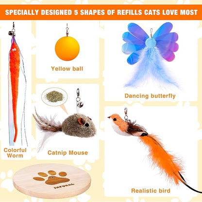 JXFUKAL Automatic Cat Wand Toy – Wooden Base, 2 Teasers & 5 Feather Spring Refills