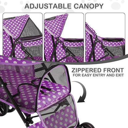 MoNiBloom 4 Wheels Pet Stroller, Easy-Fold Umbrella Shaped Dog Cat Jogger Stroller w/Storage Bag & Visible Mesh for Small/Medium Dogs Cats Purple Polka Dots