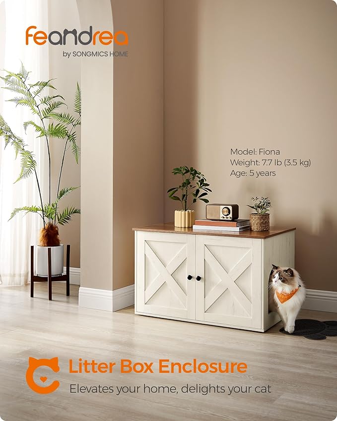 Feandrea Cat Litter Box Enclosure, Litter Box Furniture Hidden with Removable Divider, Indoor Cat House, End Table, 31.5 x 20.9 x 19.7 Inches, Honey Brown and Rustic White UPCL002P01