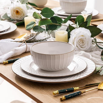 GBHOME Ceramic Dinnerware Sets,12 pcs Embossed Elegant Stoneware Plates and Bowls Sets, Housewarming Wedding Gift | Dishwasher & Microwave Safe | Dishes Set Service for 4