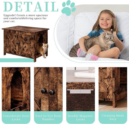 Vongrasig Cat Litter Box Enclosure,Litter Box Furniture Hidden with Barn Door,Wooden Cat Washroom Furniture,Cat House,End Table, Fit Most of Litter Box, Brown