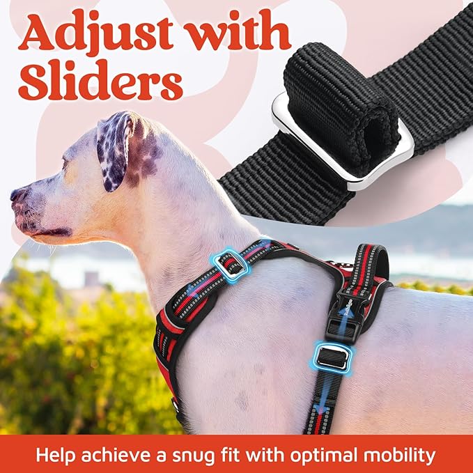 rabbitgoo Dog Harness for Large Dogs, No Pull Pet Vest with 3 Buckles, Adjustable Soft Padded Pet Harness with Easy Control Handle and Reflective Strips, Red, L