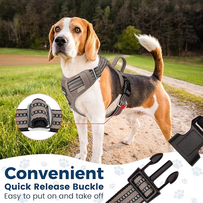 Funfox Dog Harness No Pull, Adjustable Pet Vest Harness, Super Soft Material with Vertical Handle Easy Control, Reflective Night Walking, 2 Leash Clips for Large Dogs, Camo Brown, L