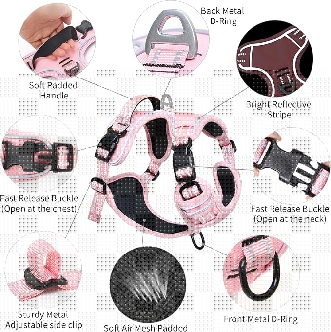 Timos Dog Harness, 3 Snap Buckles No-Pull Soft Padded Dog Vest with 2 Metal Leash Clips, Adjustable Reflective No Choke Pet Harness with Easy Control Handle for Medium Dogs,Pale Pink,M