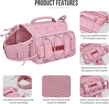 ONETIGRIS Dog Backpack for Medium & Large Dogs, Nylon Backpack for Dogs Tactical Pet Backpack with Side Pockets for Hiking Walking Training Running (Pink, Medium)