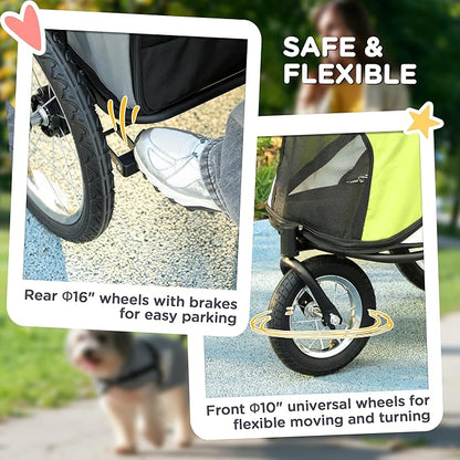 PawHut Dog Stroller, Pet Stroller 3 Wheels with Easy One-Hand Fold, Rubber Wheels, Storage Bag, Soft Cushion, Safety Leash, for Small & Medium Dogs, Yellowish Green