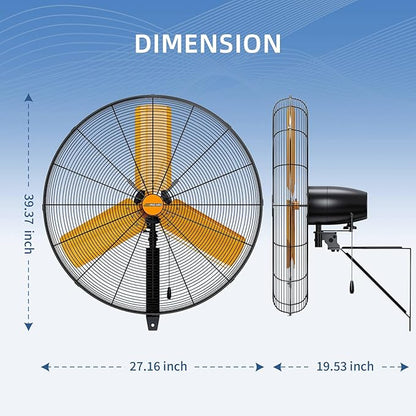24 inch Oscillating High Velocity Wall Mount Fan, 7600 CFM Industrial Heavy Duty Metal Wall Fan, 3 Speeds, Adjustable Height and Tilt, Commercial Shop Fans for Garage, Workshop