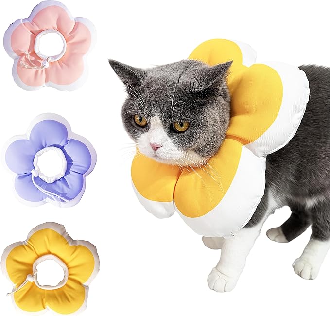 Cat Cone Collar Soft, Adjustable Kitten Cone After Surgery, Waterproof Recovery E Collar for Pet to Stop Licking (Yellow Flower, Large)