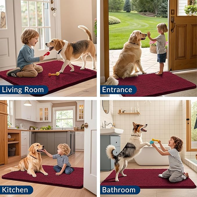 Smiry Dog Door Mat for Muddy Paws 24x16, Absorbs Moisture and Dirt Doormat, Non-Slip Washable Quick Dry Chenille Front Door Mat Indoor Entrance, Entryway Carpet for Inside Floor, Burgundy