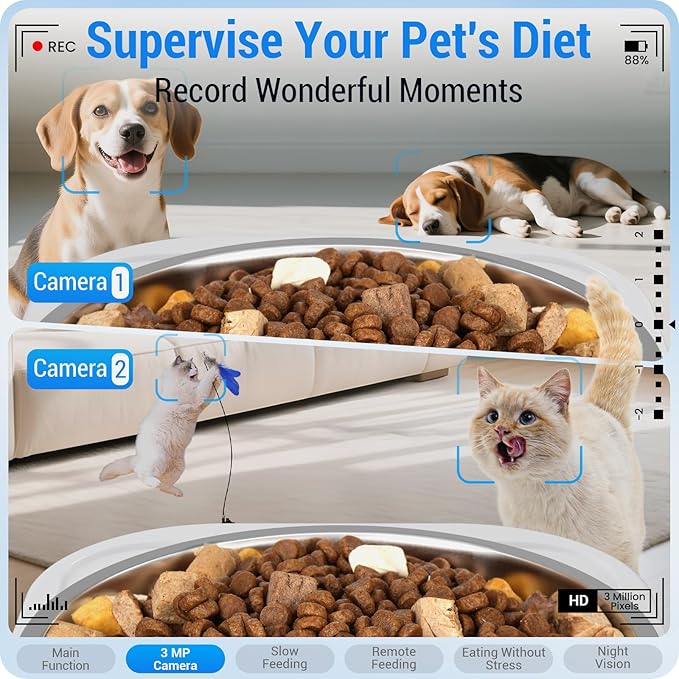Automatic Cat Feeder with Two HD Camera for 2 Cats: 5G WiFi Automatic Dog Feeder with Night Vision & Slow Feed, 7L Auto Cat Food Dispenser for Multiple Pet, Detachable for Cleaning - 29 Cup