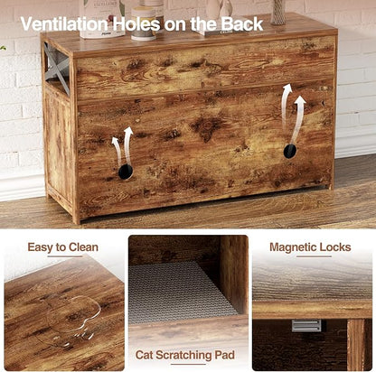 Cat Litter Box Enclosure for 2 Cats, 47" Double Hidden Litter Box Furniture with Scratch Pad, Farmhouse Indoor Litter Box Cabinet Cat Washroom, Rustic Brown