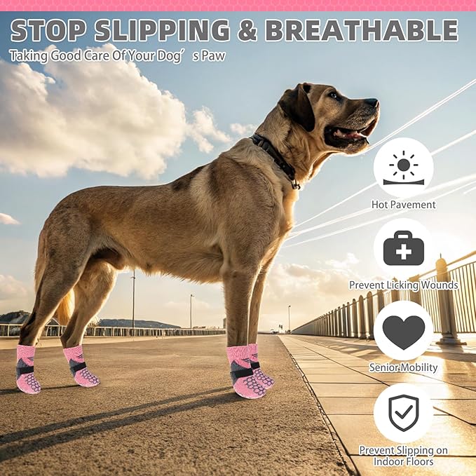 KOOLTAIL Dog Socks for Hot Pavement, Summer Breathable Dog Socks to Prevent Licking Paws, Non Slip Pet Boots & Paw Protectors for Hardwood Floor,Grippy Shoes for Small Medium Large Senior Dogs,Pink S