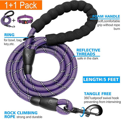 Heavy Duty Dog Leash - Comfortable Padded Handle, 5 ft Long - Dog Leashes for Small Medium Large Dogs (Leash+Collar L Neck 20"-25", Purple)