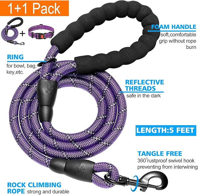 Heavy Duty Dog Leash - Comfortable Padded Handle, 5 ft Long - Dog Leashes for Small Medium Large Dogs (Leash+Collar S Neck 13.5"-16", Purple)