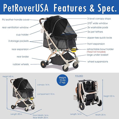 Lite Premium Light-Weight Dog/Cat/Pet Stroller Travel Carriage with Convertible Compartment/Zipper-Less Entry/1-Hand Quick Fold/Aluminum Frame for Small & Medium Pets (Black 2nd-Gen.)