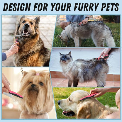 Pet Grooming Brush & Comb Combo, Cat & Dog Brush for Shedding & Dematting, Undercoat Rake for Long-haired Pets, Pink