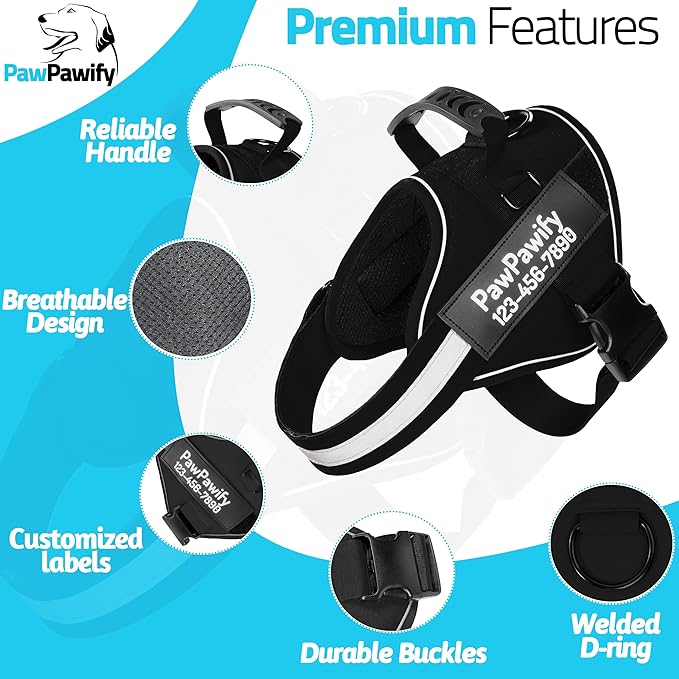 PawPawify Custom No Pull Dog Harness with Name and Phone Number, Heavy Duty Personalized Pet Vest to Prevent Tugging, Pulling, or Choking, Training and Walking (New Black, S (10-19LBS))