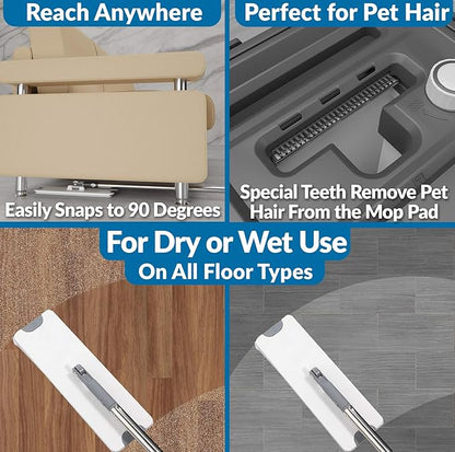 X3 Mop, Separates Dirty and Clean Water, 3-Chamber Design, Flat Mop and Bucket Set, Hands Free Home Floor Cleaning, 3 Reusable Microfiber Mop Pads Included