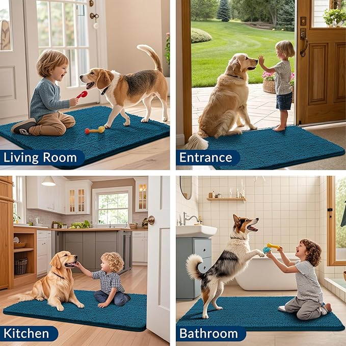 Smiry Dog Door Mat for Muddy Paws 30x20, Absorbs Moisture and Dirt Doormat, Non-Slip Washable Quick Dry Chenille Front Door Mat Indoor Entrance, Entryway Carpet for Inside Floor, Atlantic Blue