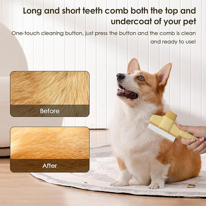 Flea Comb for Cat Hair Removal Comb, 2025 New Self-Cleaning Flea Brush for Cats and Dog, Comfort Cat Hair Removal Tool with Long & Short Stainless Steel Metal Grooming Brush(Yellow)