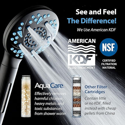 AquaCare High Pressure 10 Spray Mode Filtered Showerhead - Handheld Shower Head Filters Chlorine to Heal Dry Skin, Revive Hair - Dual Power Wash Cleans Tub, Tile, Pets - Hard Water Softener, Black