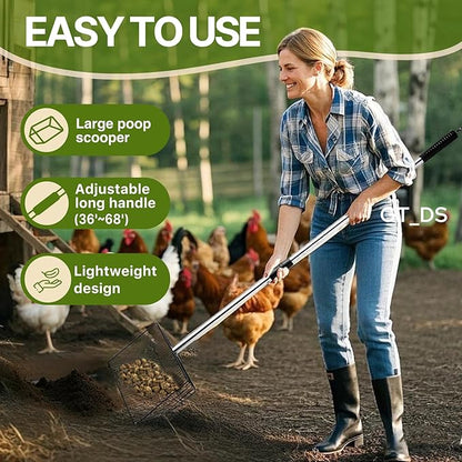 Chicken Poop Scooper with Long Handle- Coop Scoop with 24-68" Adjustable Stainless Handle, 4-in-1 Sifter Shovel for Poultry Waste Cleaning Accessories (Black)