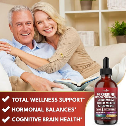 Berberine with Ceylon Cinnamon Supplement Liquid Drops + Bitter Melon Extract, Glucomannan, Gymnema, Chromium, Turmeric, Panax Ginseng, Moringa - 2 OZ
